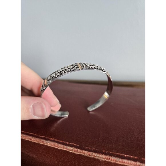Bali Sterling Silver Cuff Bracelet Stunning 925 Silver Bangle Gold Tone Accents - Picture 3 of 8